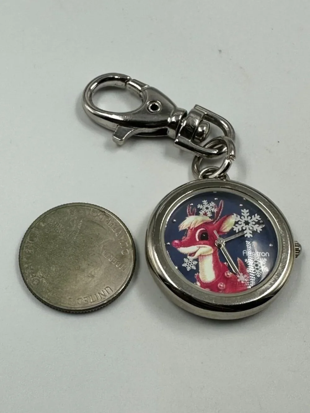 Rudolph the Red-Nosed Reindeer Keyring Watch Silver Tone Holiday New Battery